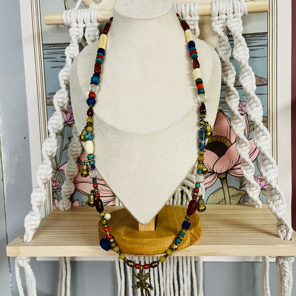 Vintage Prayer Necklace‎ | Gemstone Beads Brass Pendant | India